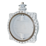 A butterfly valve with a circular disc in a pipeline, partially closed to regulate fluid flow