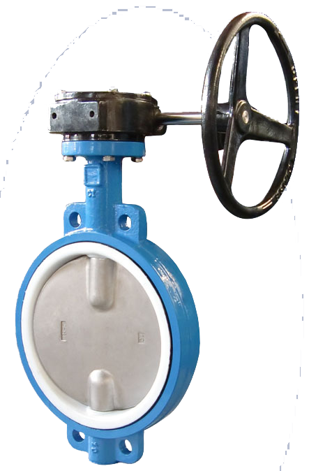 A butterfly valve with a circular disc in a pipeline, partially closed to regulate fluid flow